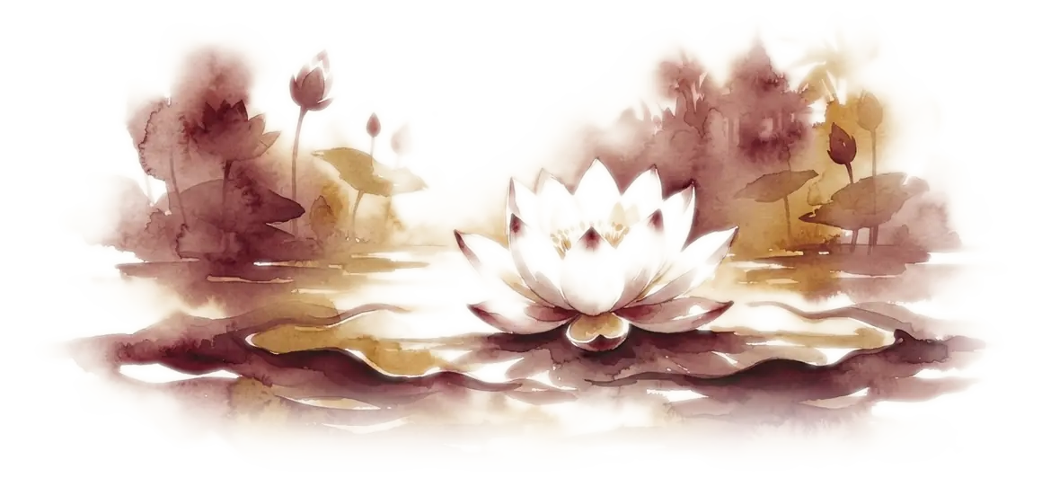 A lotus open on still water, painted in watercolour